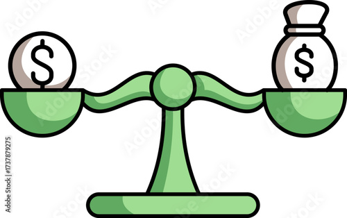 Balance of wealth concept featuring a scale with money bag and coin on black background