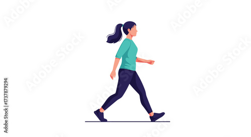 A woman in athletic wear walks purposefully outdoors on a flat surface.
