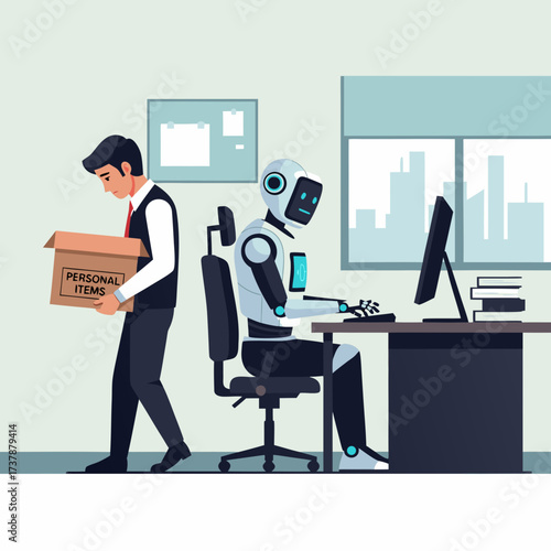 A fired office worker leaves his workplace with a box of belongings, which has been taken over by a robot. The concept of replacing humans with artificial intelligence, automation, and unemployment.