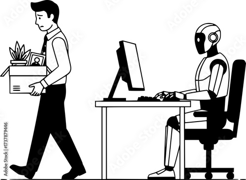 A fired office worker leaves his workplace with a box of belongings, which has been taken over by a robot. The concept of replacing humans with artificial intelligence, automation, and unemployment.