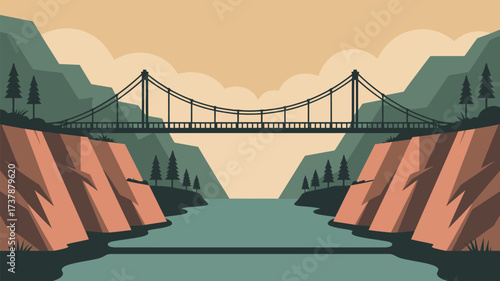 A suspension bridge spans a river between rocky cliffs and forested mountains under a cloudy sky