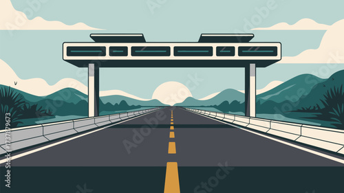 A road stretching into the distance with a structure overhead and mountains in the background art style