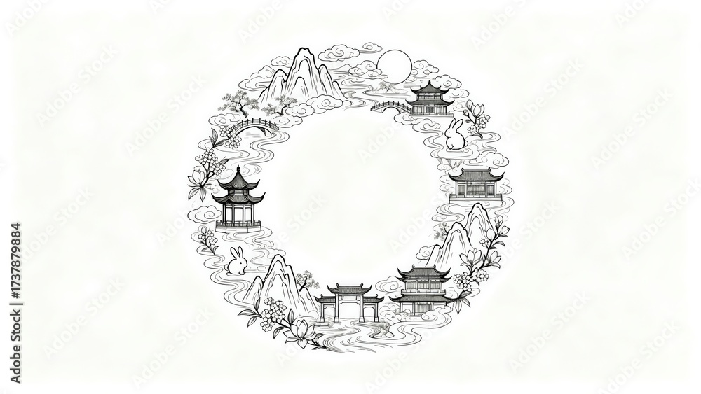Fototapeta premium Chinese landscape with pavilions and mountains