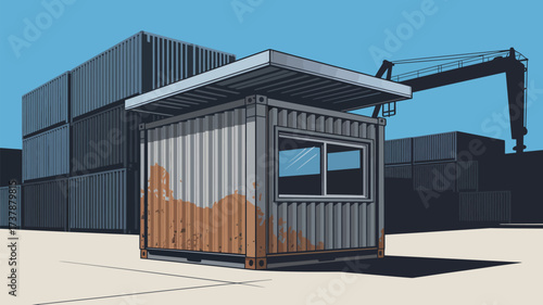 A cartoon illustration of a shipping container office with a crane and stacked containers in background