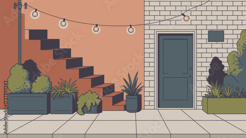 Illustration of a building exterior with stairs, plants, string lights, and a closed door in neutral colors