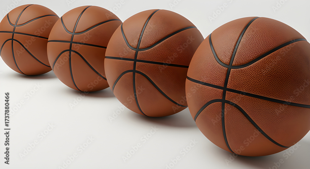 Obraz premium Diagonal row of basketballs on white, clean and professional sports stock image.
