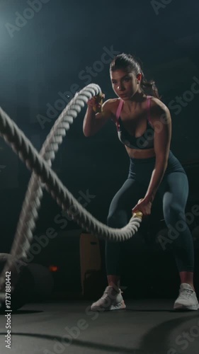 Strong woman exercising with battle ropes in gym angle view focus endurance discipline strength training healthy lifestyle motivation concept vertical slow motion fitness workout
