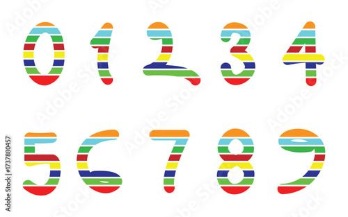 Colorful striped numbers from zero to nine on a white background illustration