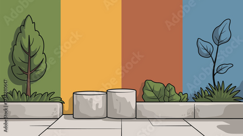 A cartoon illustration of two cylindrical podiums in front of a colorful wall with plants and trees
