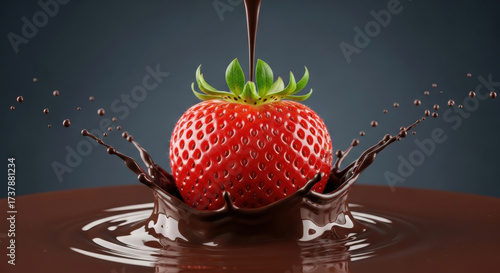 A fresh, ripe red strawberry makes a perfect splash as it drops into a pool of rich, melted liquid chocolate.