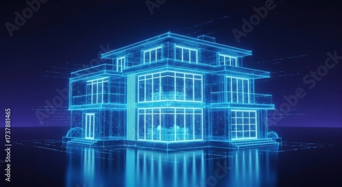 A futuristic digital blueprint or hologram of a modern smart home, glowing with blue neon light against a dark technological background.