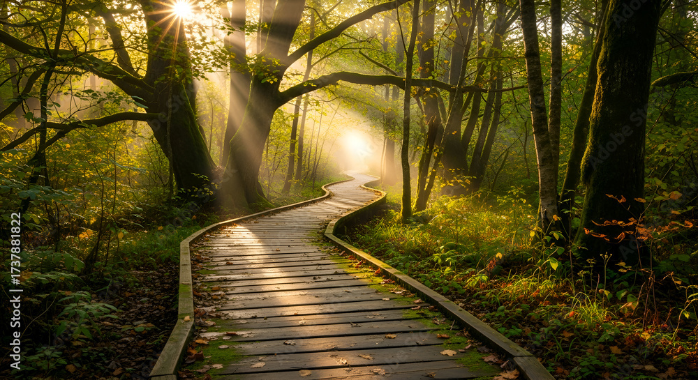 Fototapeta premium Wooden Path Through a Sun-Dappled Mystical Forest