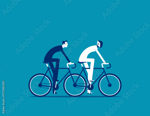 AI connection. Man and robot riding a tandem bike