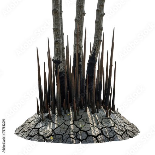 Mangrove pneumatophores with cracked earth isolated on transparent background