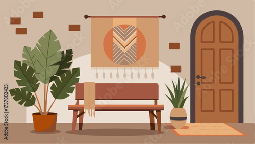 A mix of Scandinavian and bohemian elements in the entryway with a wooden bench a woven wall hanging and a large leafy plant.