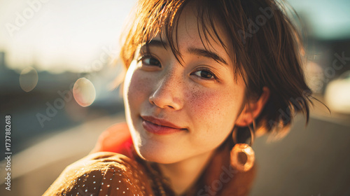 Smiling young Asian woman with natural freckles gazing directly at the camera in warm golden hour sunlight, outdoor close-up portrait, authentic lifestyle photography.