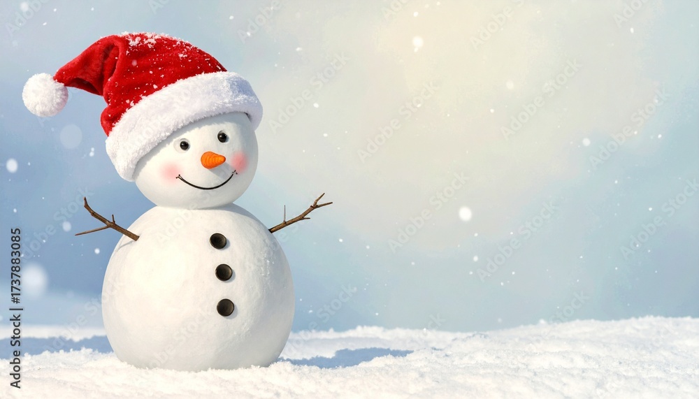 Fototapeta premium Festive Christmas Background with Snowman and Empty Space for Text