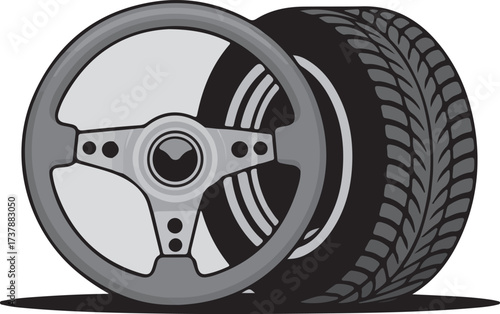 Minimalist flat icon set featuring car steering wheel and tire vector
