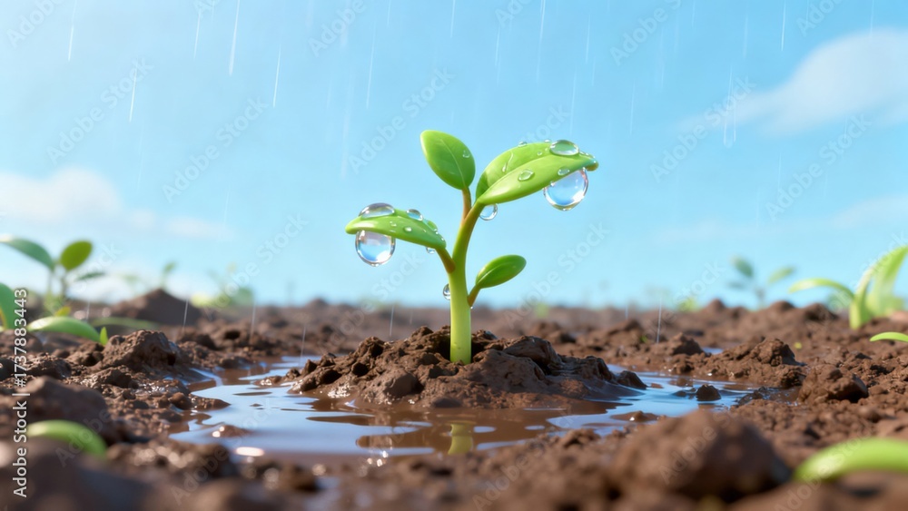 Fototapeta premium Seedling growing in soil with raindrops