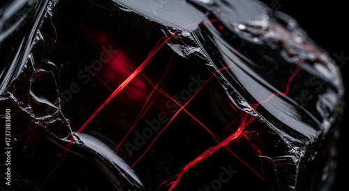 Stunning obsidian gemstone with striking red internal fractures offers a unique texture for modern designs and artistic concepts, perfect for creative projects