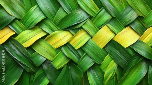 Intricate leaf weave pattern, vibrant green and yellow