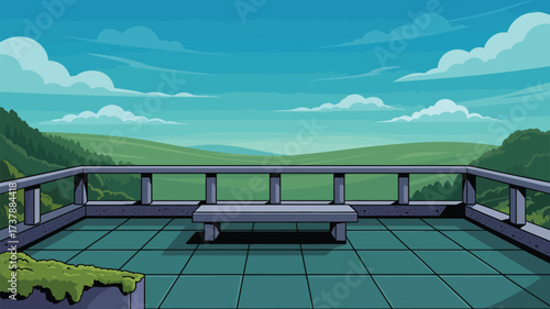 Balcony overlooking green hills and blue sky with clouds and a bench in the middle of the balcony