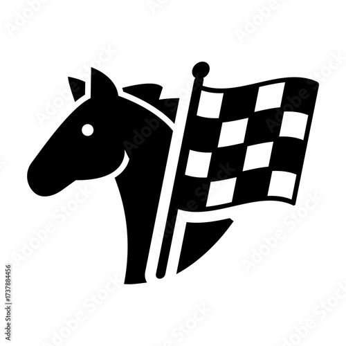 Horse head with racing flag icon, representing strength and victory in horse racing.