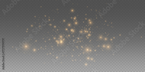 The dust sparks and golden stars shine with special light, spreading magical shimmer and festive glow. Christmas sparkle dust and bokeh particles on transparent PNG background.