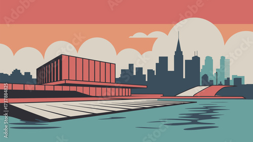 A stylized cityscape featuring a modern building skyline and water under a pastel colored sky view art