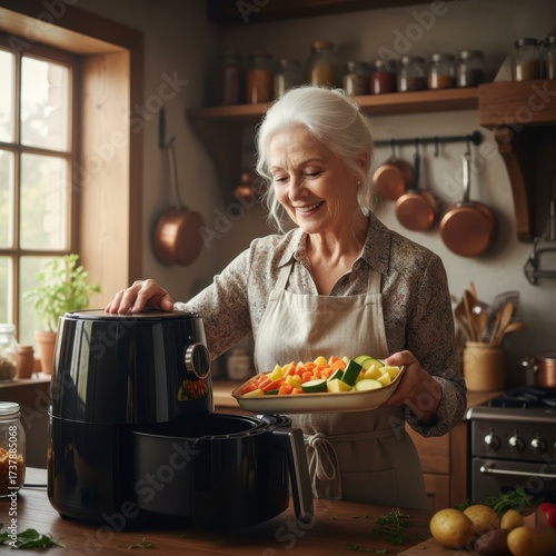 Smiling older woman preparing fresh, chopped vegetables for a healthy meal using a modern black air fryer in a rustic kitchen.

