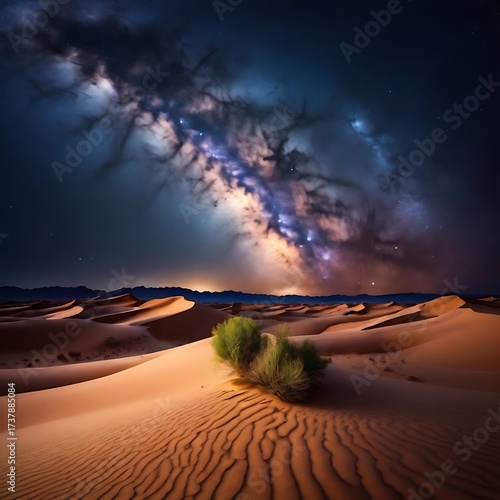 Tranquil desert dunes beneath a starry night sky with the Milky Way shining above in cosmic beauty.