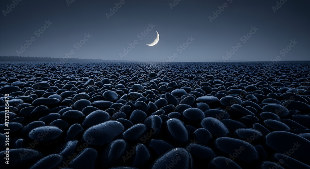 Obraz premium Stunning crescent moon illuminates a vast field of wet dark pebbles on a serene night, creating a tranquil and mysterious natural landscape.