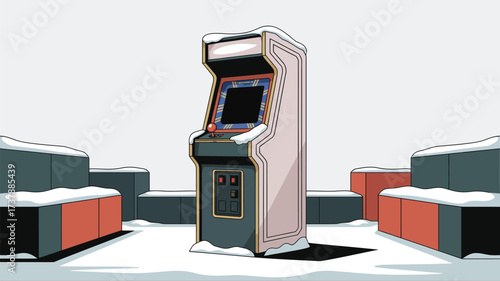 A snowy scene featuring an arcade machine and seating areas covered in a blanket of fresh white snow