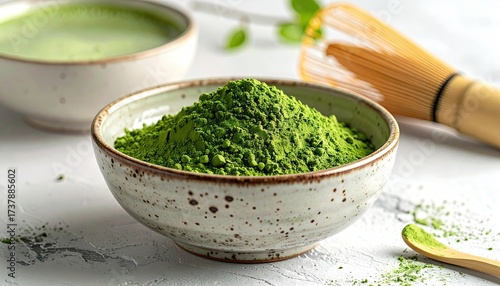 Matcha Powder in Ceramic Bowl with Matcha Tea in Background and Bamboo Whisk on White Marble Surface in Soft Lighting