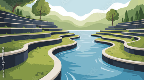 Illustration of a river flowing through terraced landscape with trees and mountains in the background
