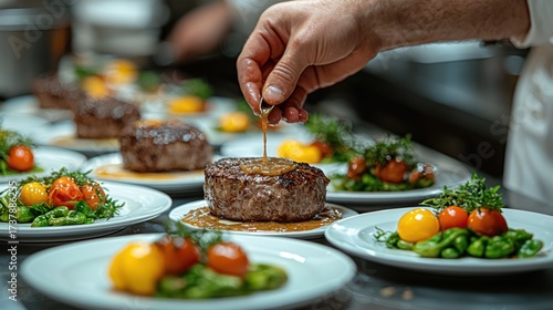 Wallpaper Mural Chef plating gourmet beef medallions with sauce, vegetables, restaurant kitchen Torontodigital.ca