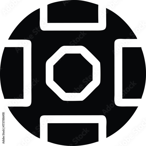 Geometric design with intersecting lines and central octagon shape in a circle.