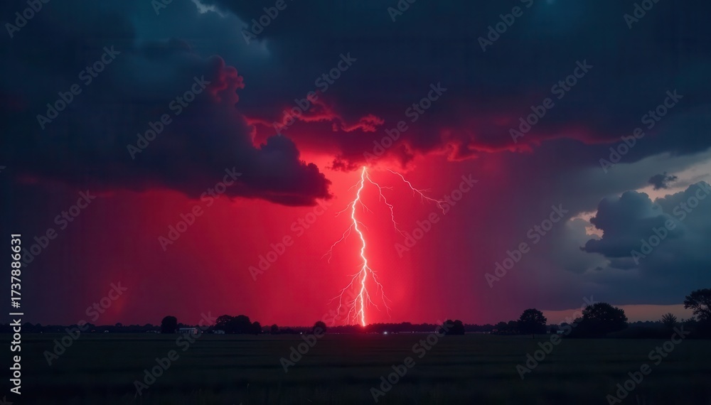 Fototapeta premium Blood red sky at night, ominous storm approaching , blood red, violent, scary sky