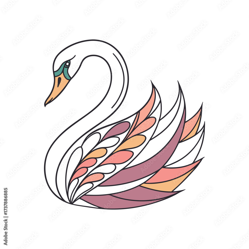 Fototapeta premium Elegant swan vector with abstract colorful feather design