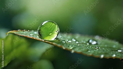 Macro close-up of a fresh dewdrop on a green leaf glowing in soft morning light, symbolizing purity and freshness.
