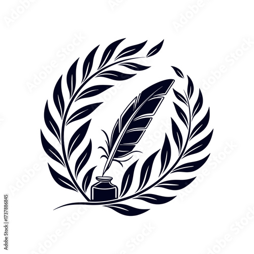 Feather quill and ink bottle logo in elegant laurel wreath design