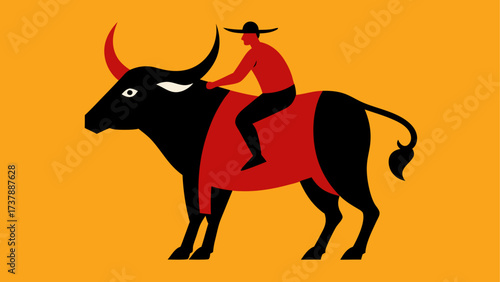 Man riding bull on orange background art