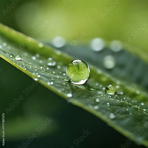 Macro close-up of a fresh dewdrop on a green leaf glowing in soft morning light, symbolizing purity and freshness.