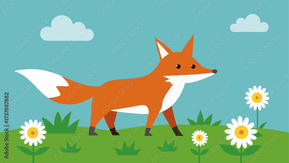 Obraz premium Cartoon fox walking in a field of flowers