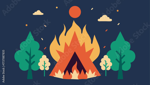 Illustration of campfire with trees and sun