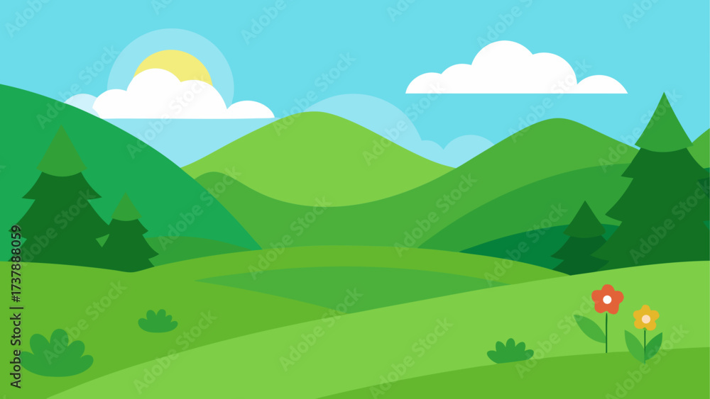 Obraz premium Cartoon landscape with green hills and trees