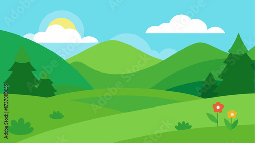 Cartoon landscape with green hills and trees