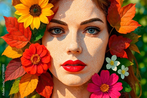 Tropical Serenity Pop Art. Vibrant pop art portrait of a woman's serene face surrounded by lush tropical flowers and leaves like hibiscus, anthurium, and bird of paradise.