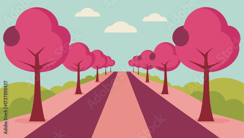 Pink trees lining road under cloudy sky