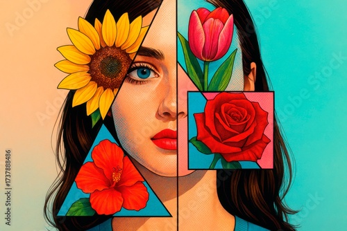 Floral Geometric Pop Art Portrait.  Vibrant pop art illustration of a woman's face segmented by geometric shapes, showcasing colorful flowers like sunflower, hibiscus, tulip, and rose.